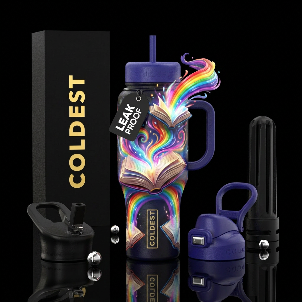 Rainbows, open books,magic coming to life,glossy, ... water bottle design