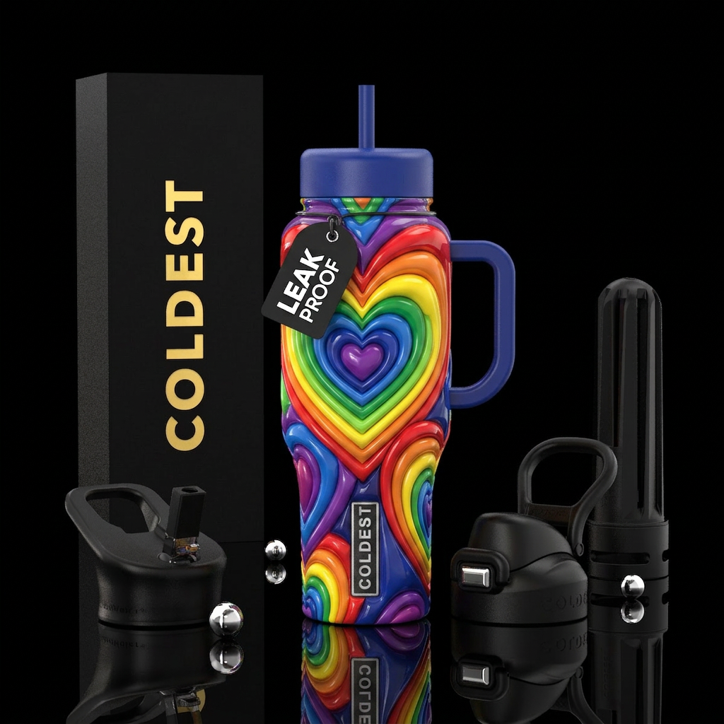 Rainbow hearts,love,glossy, trompe-l'œil water bottle design