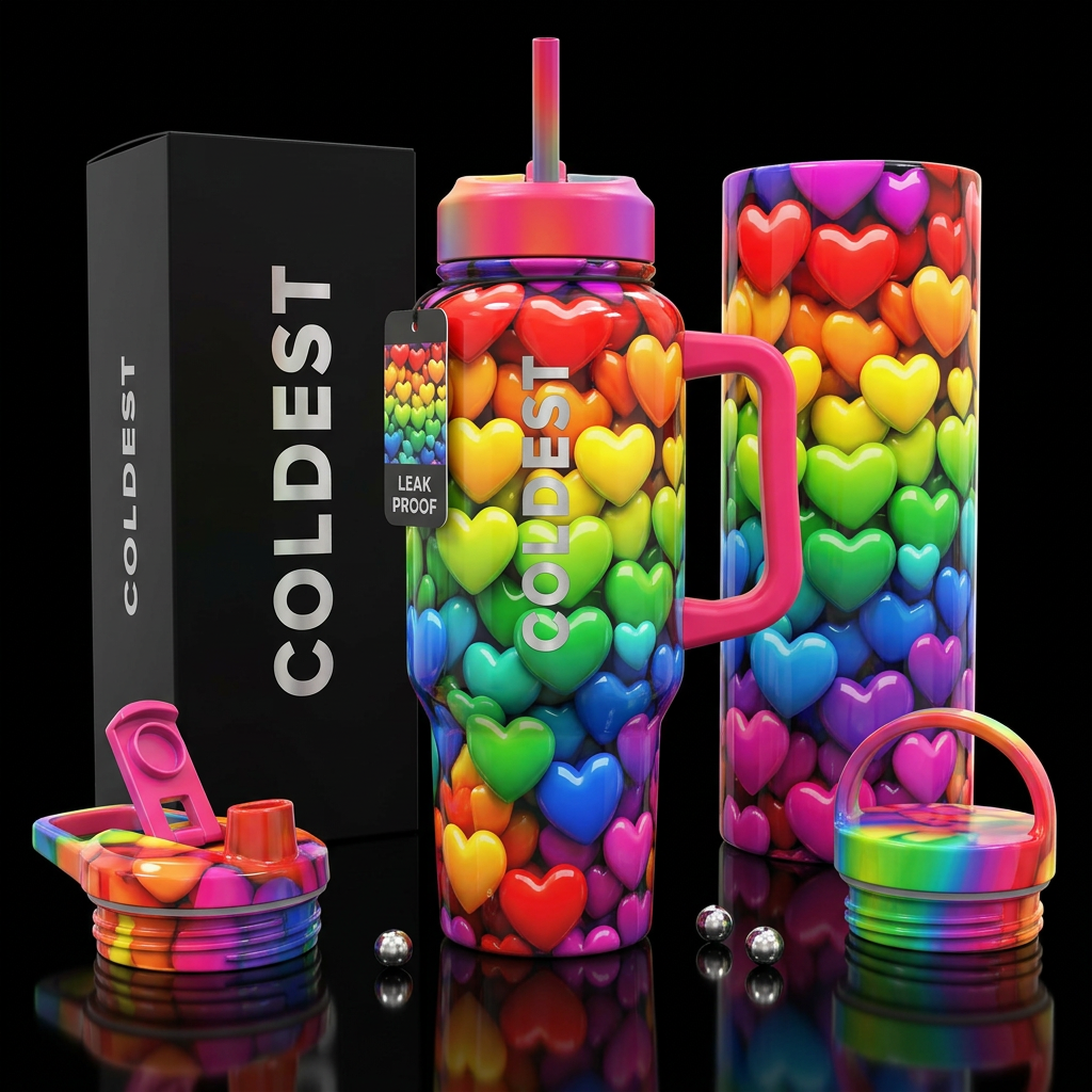Rainbow hearts,love,glossy, trompe-l'œil water bottle design