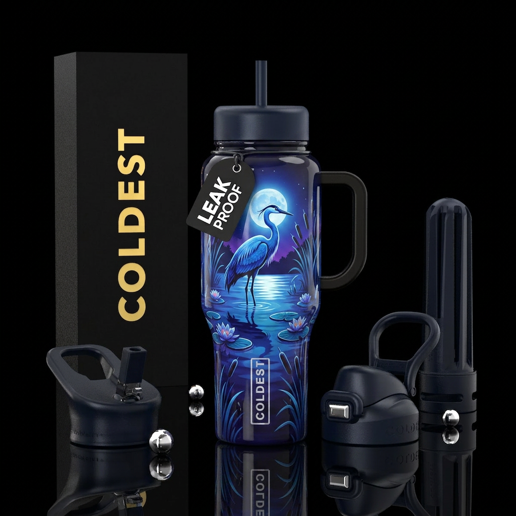 Blue crane bird on a moonlit night as standing in ... water bottle design