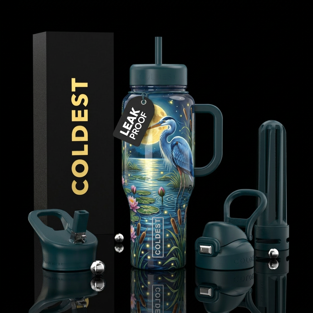 Blue crane bird on a moonlit night as standing in ... water bottle design
