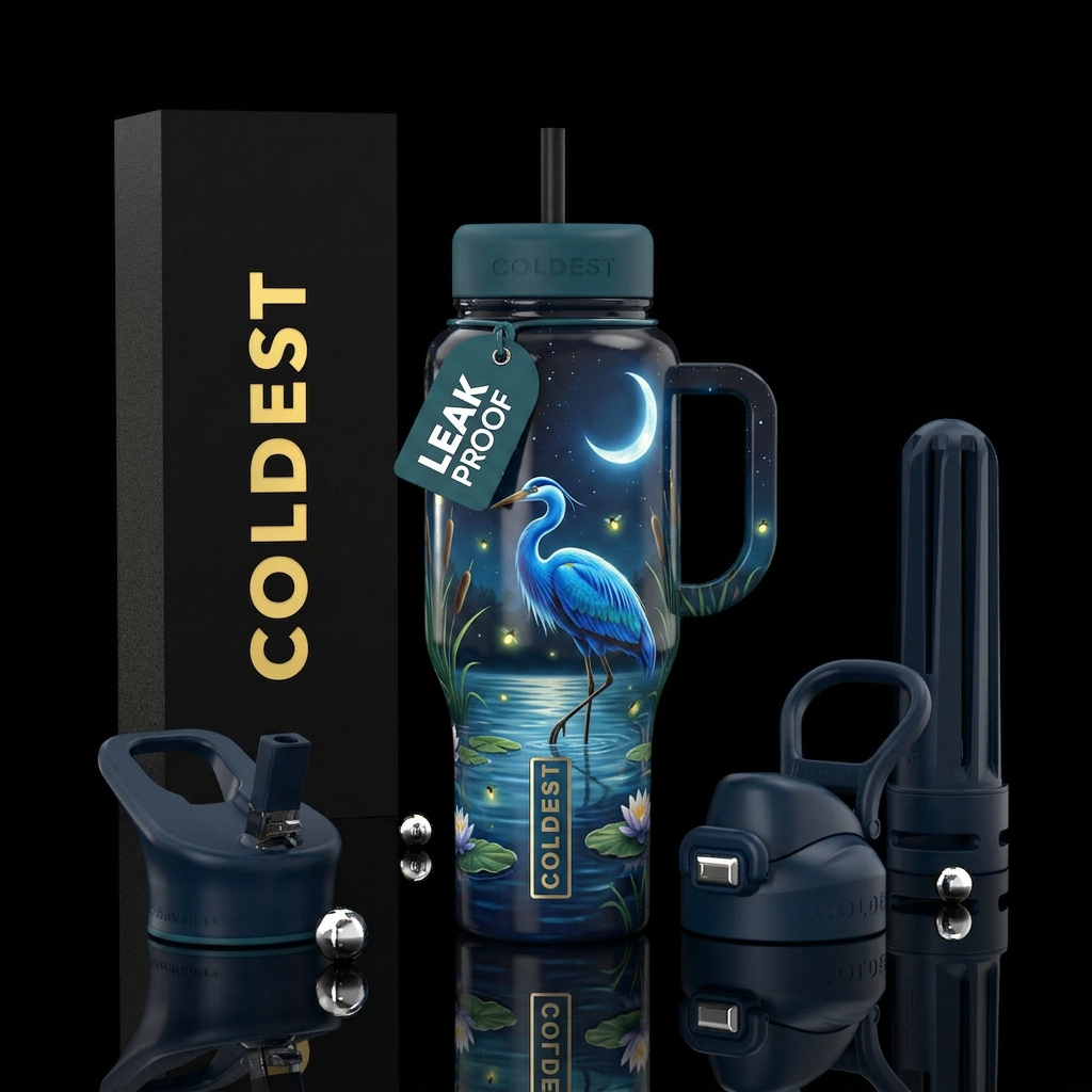 Blue crane bird on a moonlit night as standing in ... water bottle design