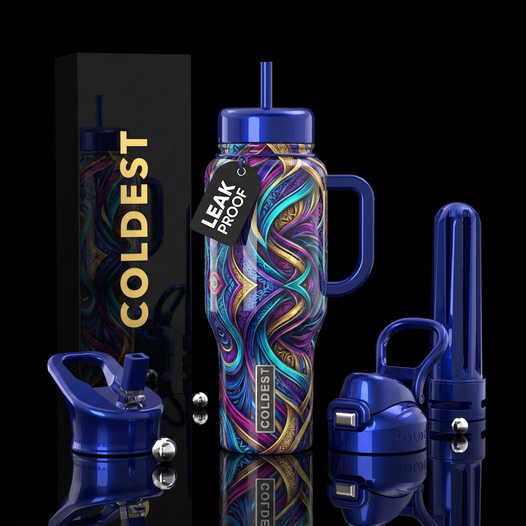 Different, beautiful, glossy, trompe-l'œil water bottle design