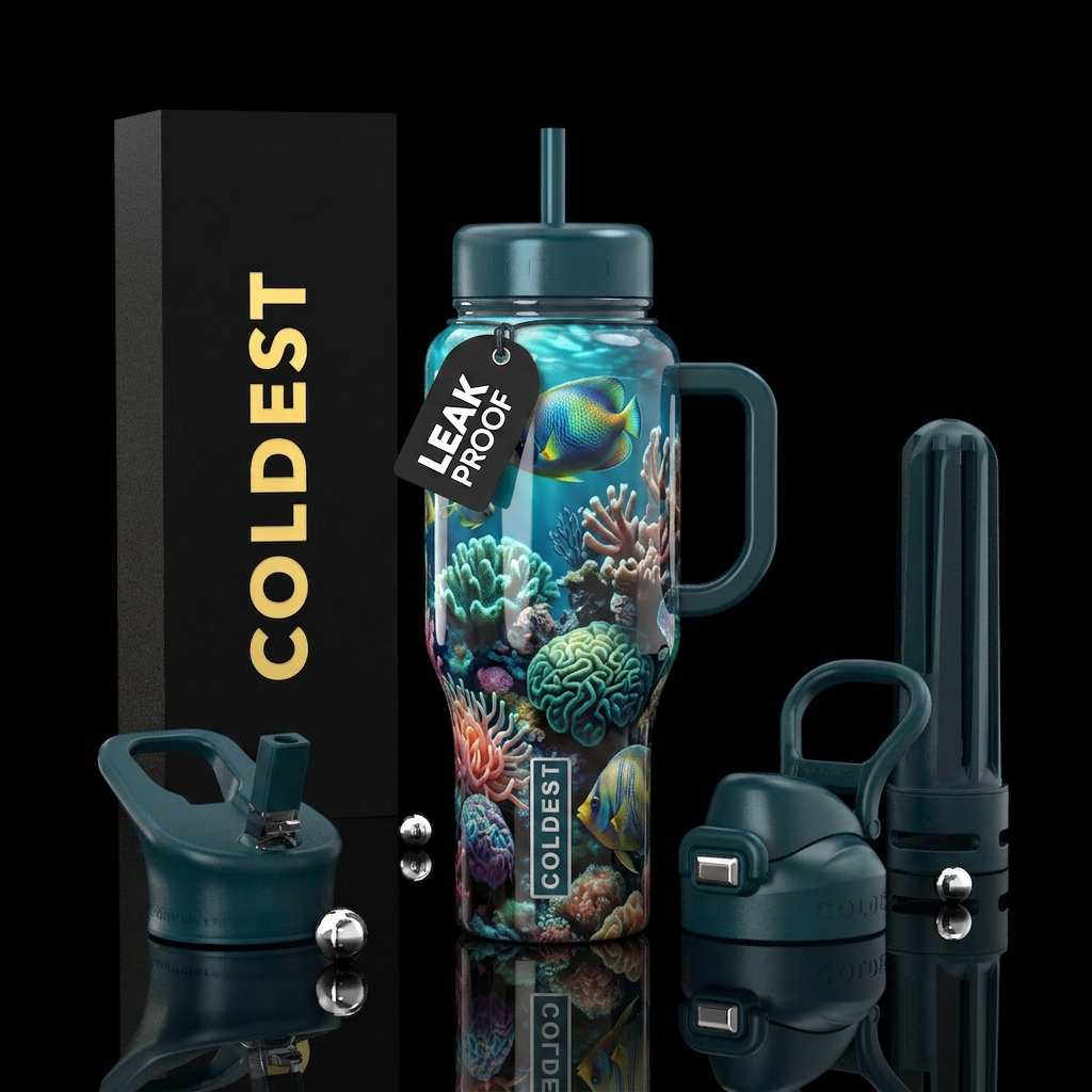 Different, beautiful, glossy, trompe-l'œil water bottle design