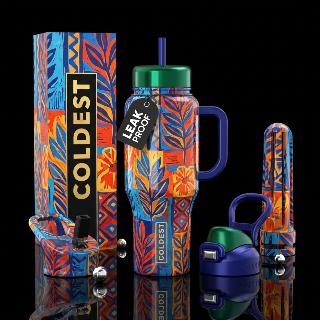 delicate, linocut, fauvism,glossy, trompe-l'œil water bottle design