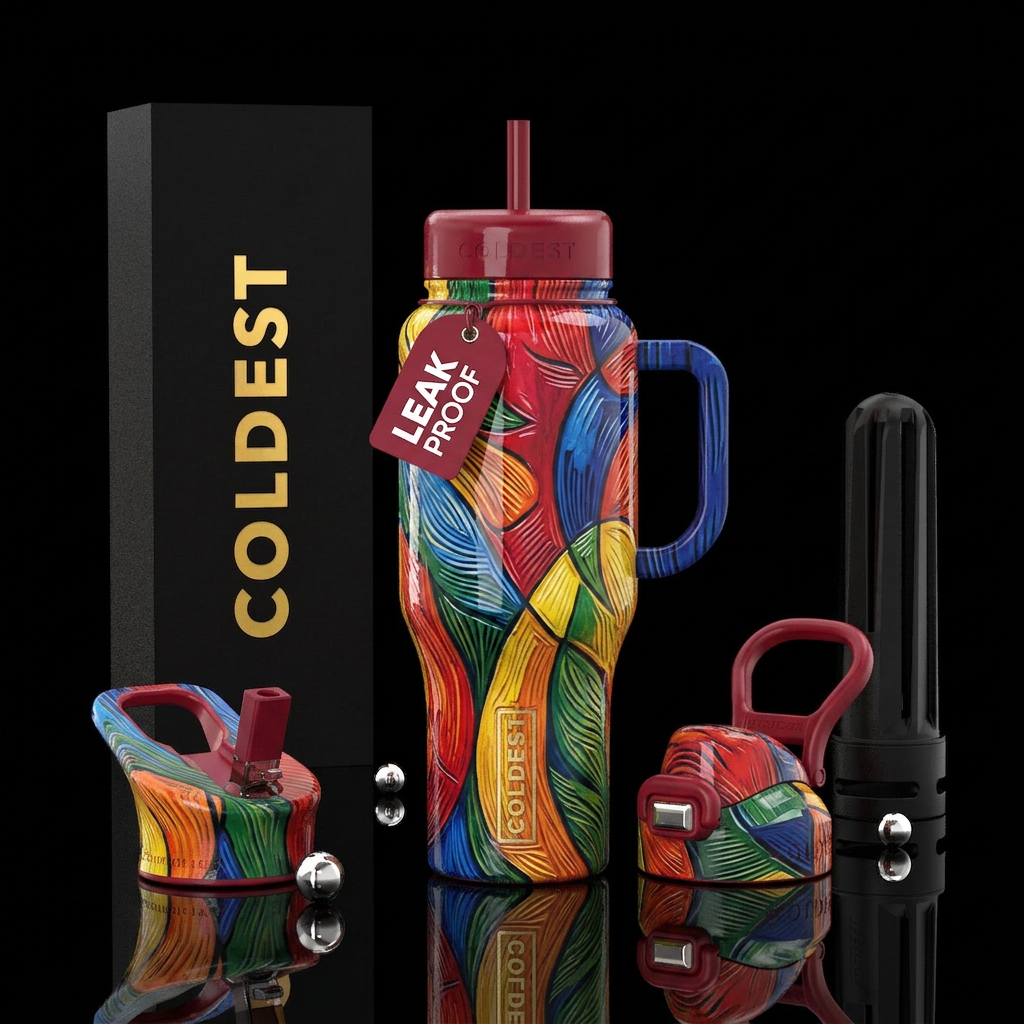 delicate, linocut, fauvism,glossy, trompe-l'œil water bottle design