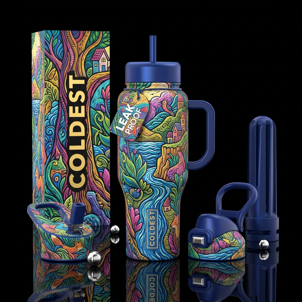 delicate, linocut, fauvism,glossy, trompe-l'œil, h... water bottle design