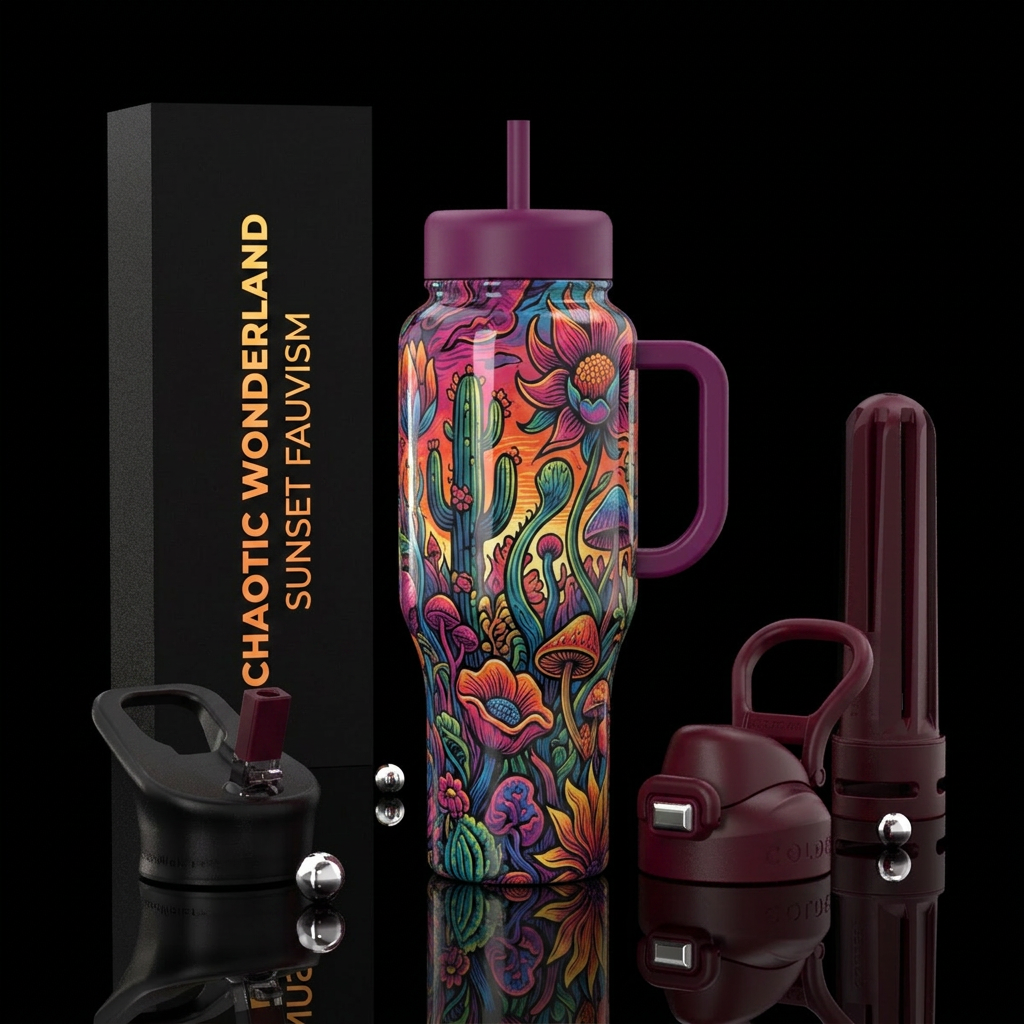 delicate, linocut, fauvism,glossy, trompe-l'œil, h... water bottle design