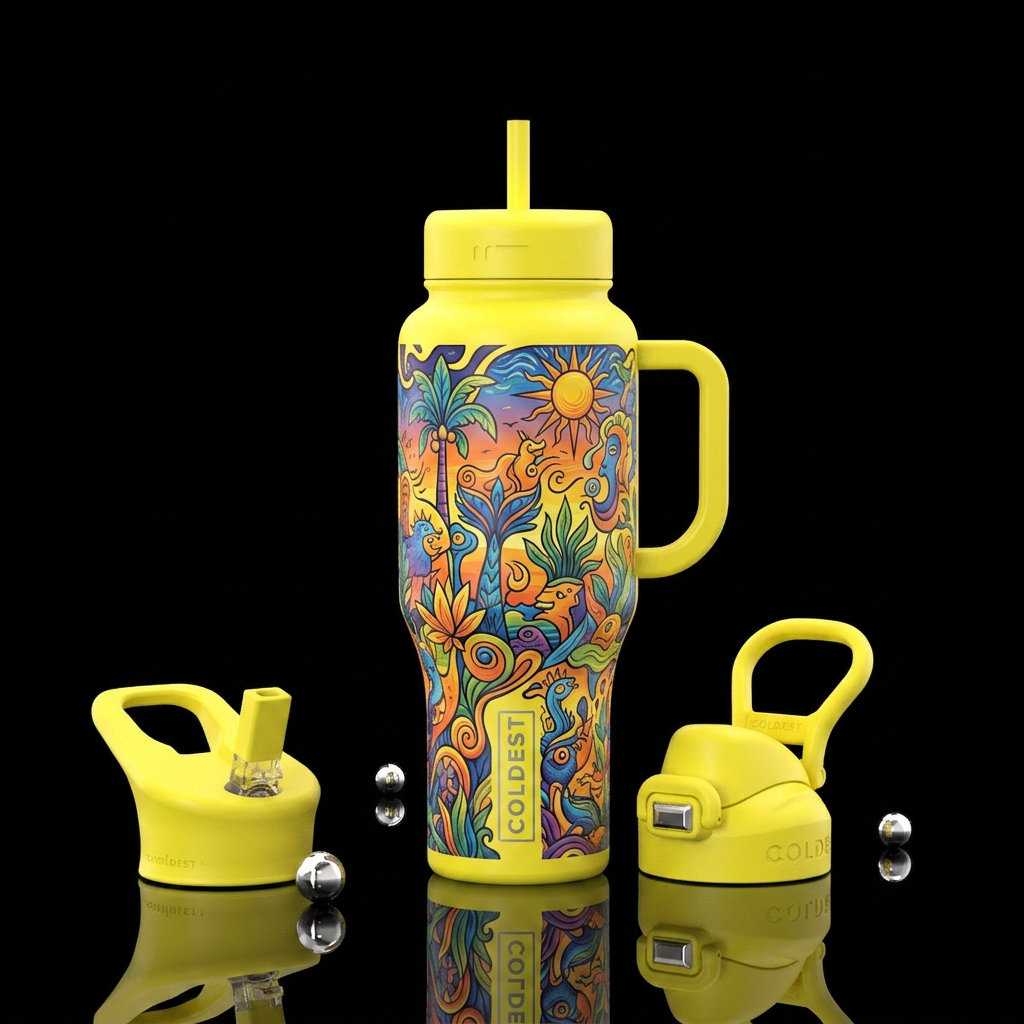 delicate, linocut, fauvism,glossy, trompe-l'œil, h... water bottle design