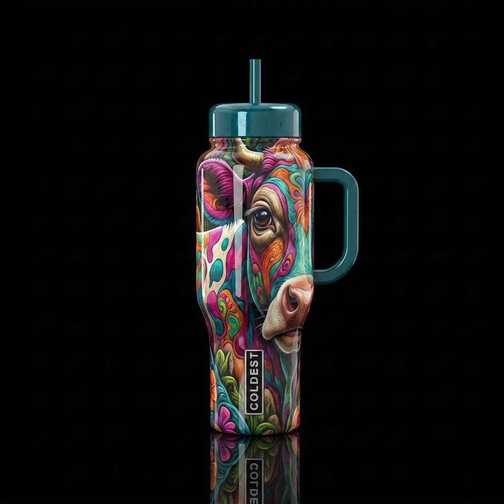 Groovy cow,glossy, trompe-l'œil water bottle design