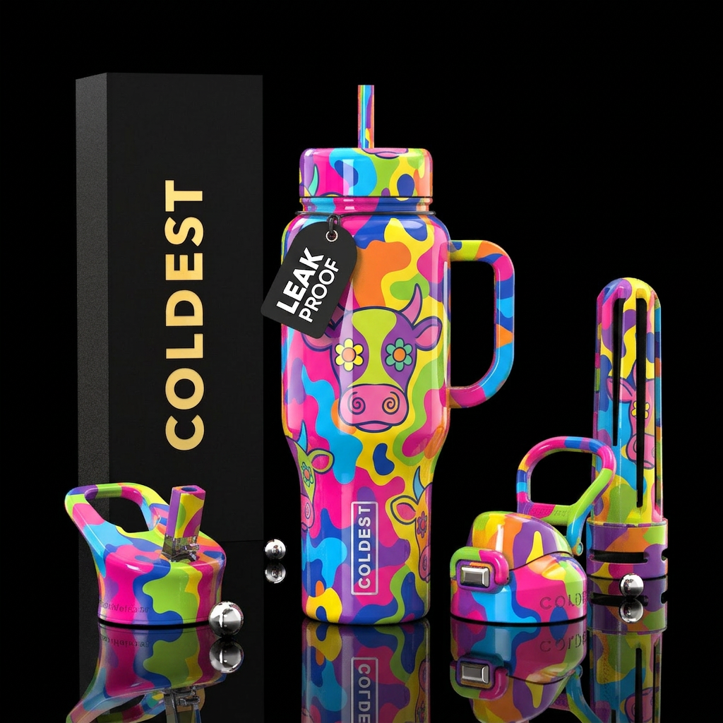 Groovy cow,glossy, trompe-l'œil water bottle design