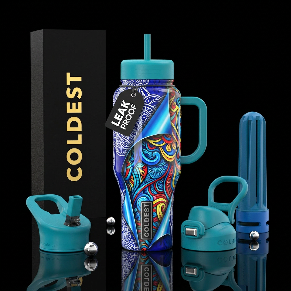 Groovy ,glossy, trompe-l'œil, peeling, zentangle water bottle design