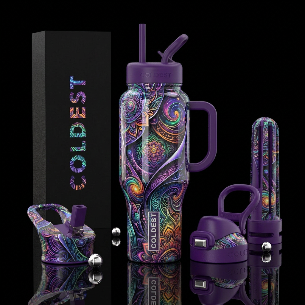 Groovy ,glossy, trompe-l'œil, peeling, zentangle, ... water bottle design