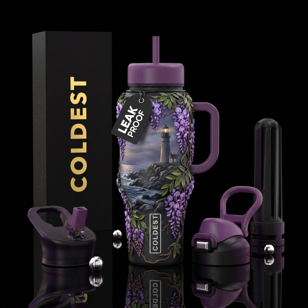 lighthouse, realism, provocative, wisteria,glossy,... water bottle design