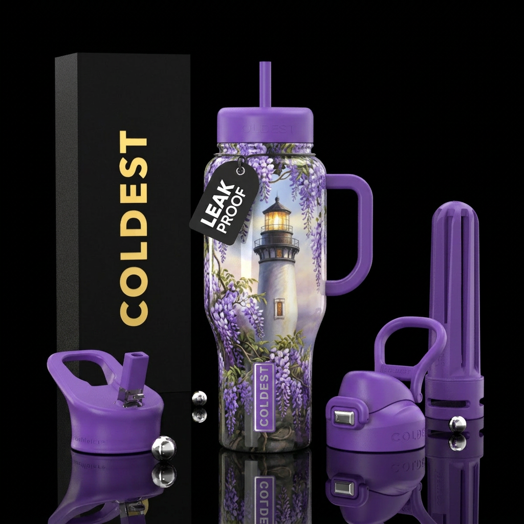 lighthouse, realism, provocative, wisteria,glossy,... water bottle design