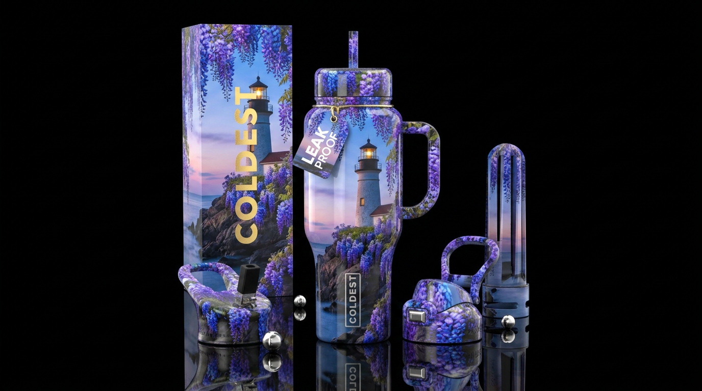 lighthouse, realism, provocative, wisteria,glossy,... water bottle design