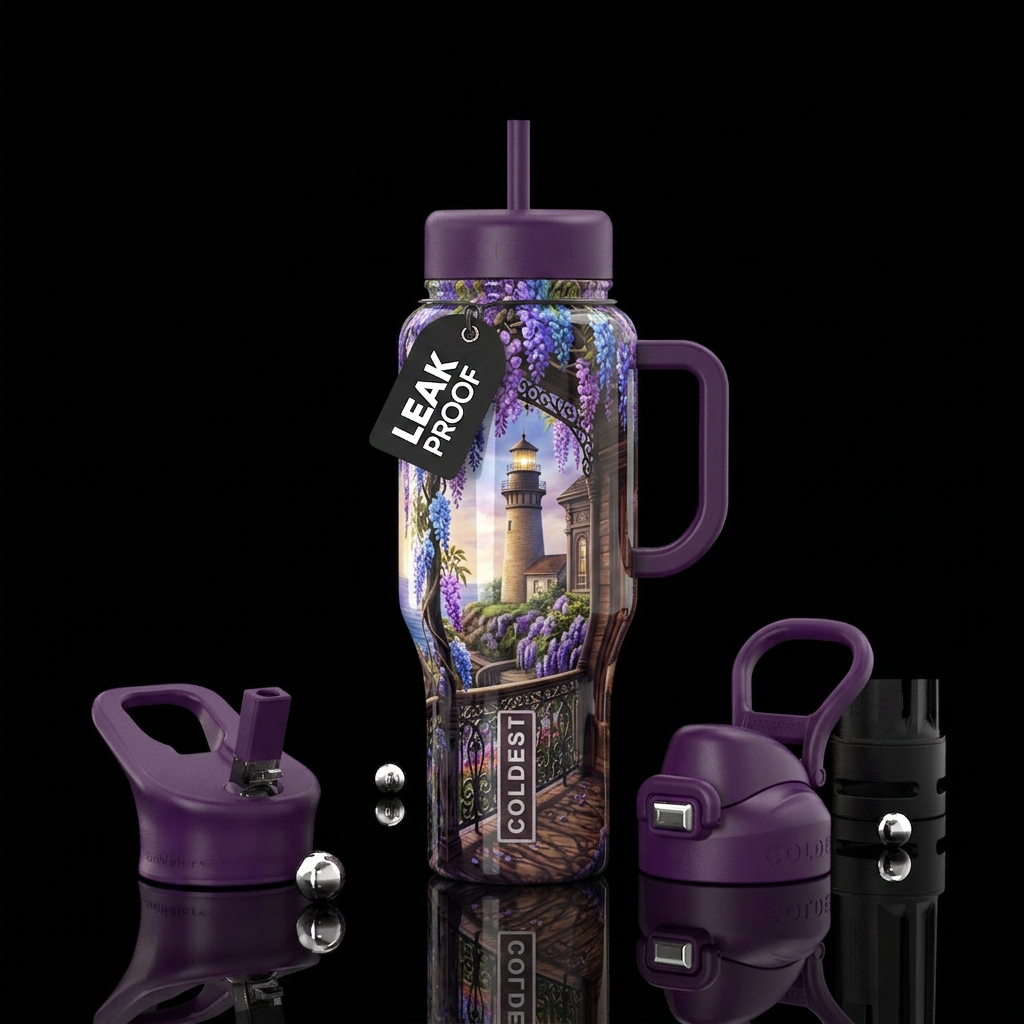 lighthouse, realism, provocative, wisteria,glossy,... water bottle design