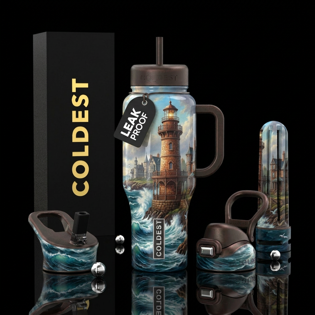 lighthouse, realism, provocative, ,glossy, trompe-... water bottle design
