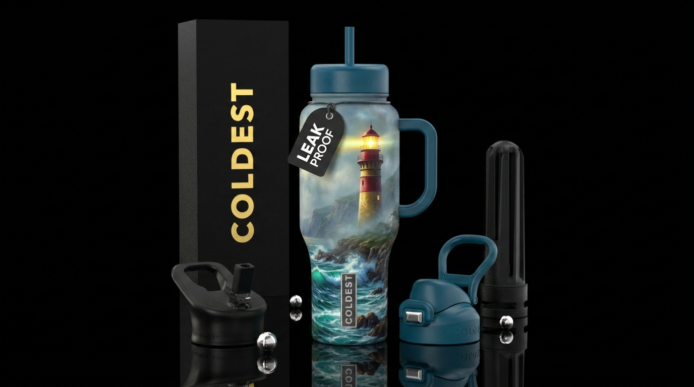 lighthouse, realism, provocative, ,glossy, trompe-... water bottle design