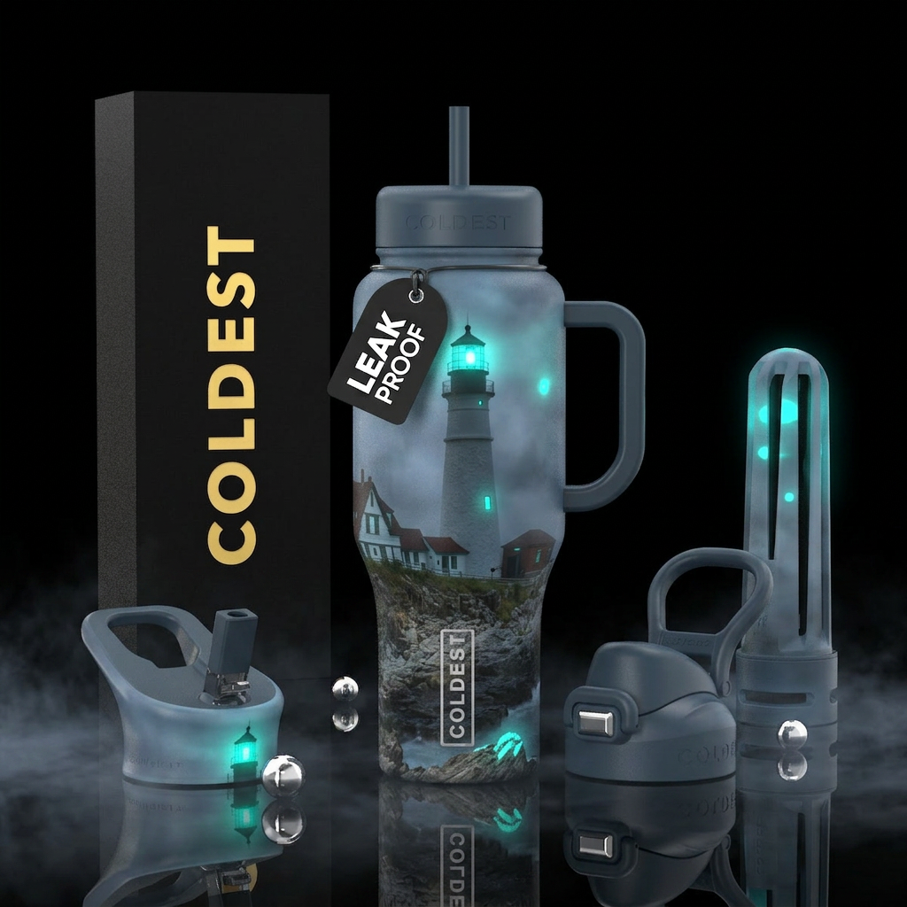lighthouse, realism, provocative, ,glossy, trompe-... water bottle design