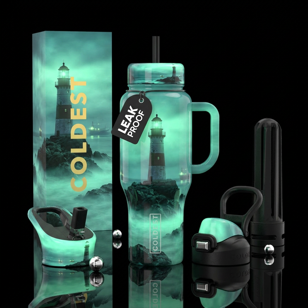 lighthouse, realism, provocative, ,glossy, trompe-... water bottle design