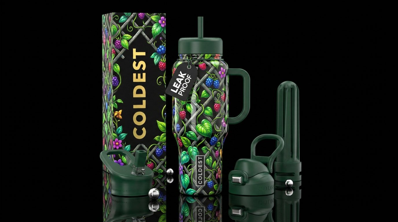 Lattice with vining,glossy, trompe-l'œil water bottle design