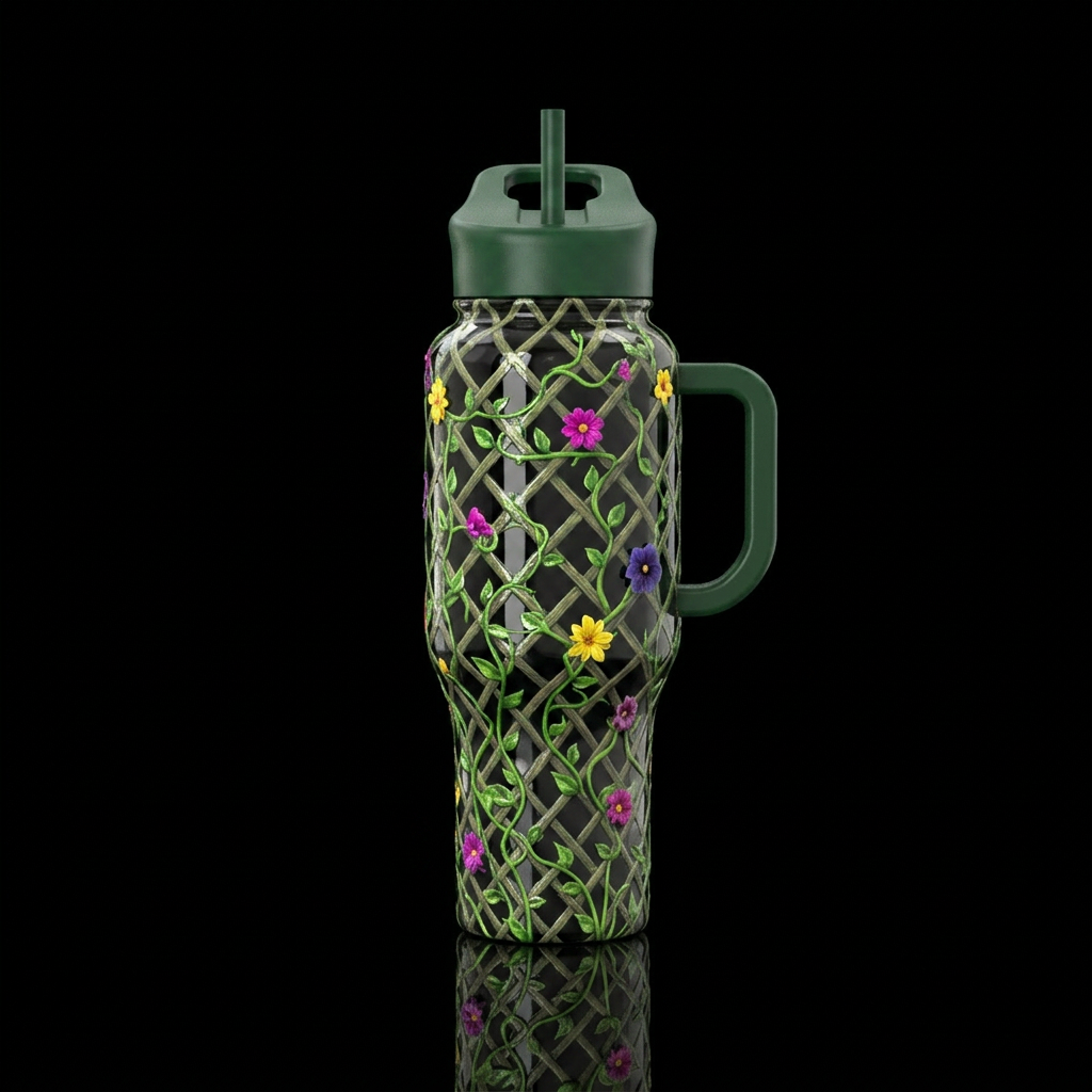 Lattice with vining,glossy, trompe-l'œil water bottle design
