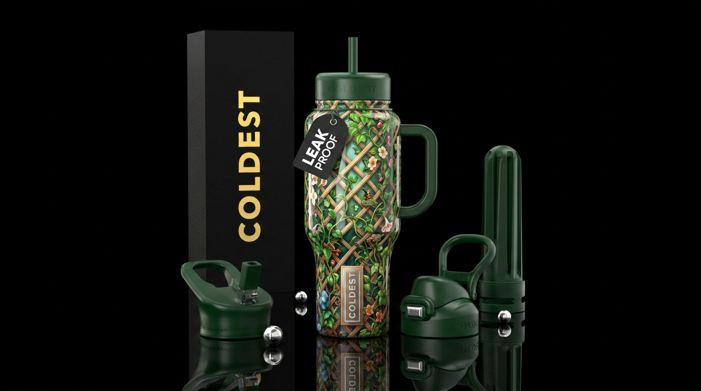 Lattice with vining,glossy, trompe-l'œil water bottle design