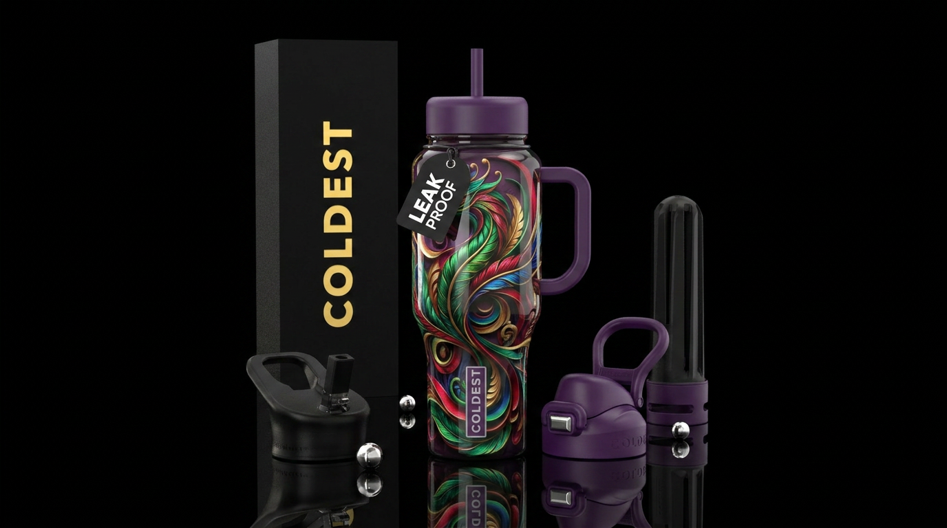 Flamboyant Wiles,glossy, trompe-l'œil water bottle design