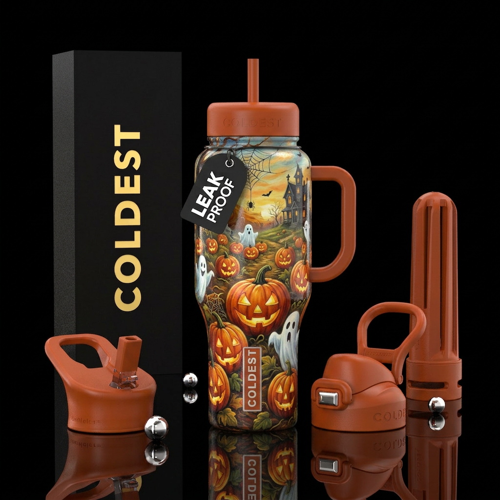 Beautiful  pumpkin patch with ghosts and other Hal... water bottle design