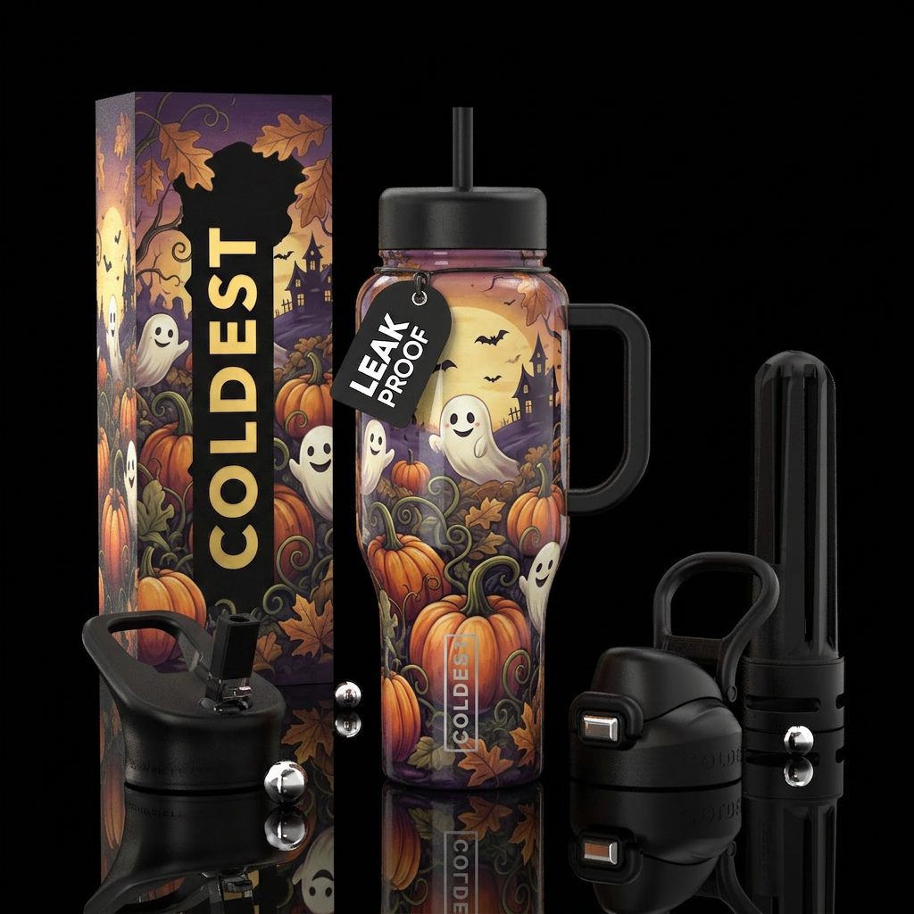 Beautiful  pumpkin patch with ghosts and other Hal... water bottle design