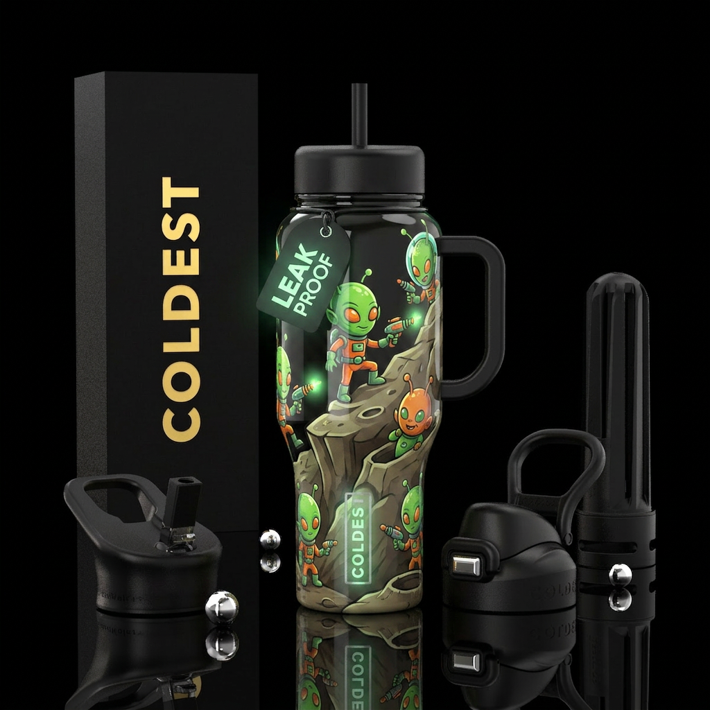 Martians,glossy, trompe-l'œil ,glow in the dark, water bottle design