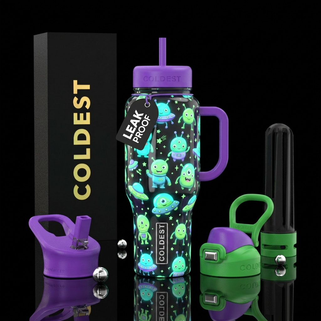 Cute martians,glossy, trompe-l'œil ,glow in the da... water bottle design
