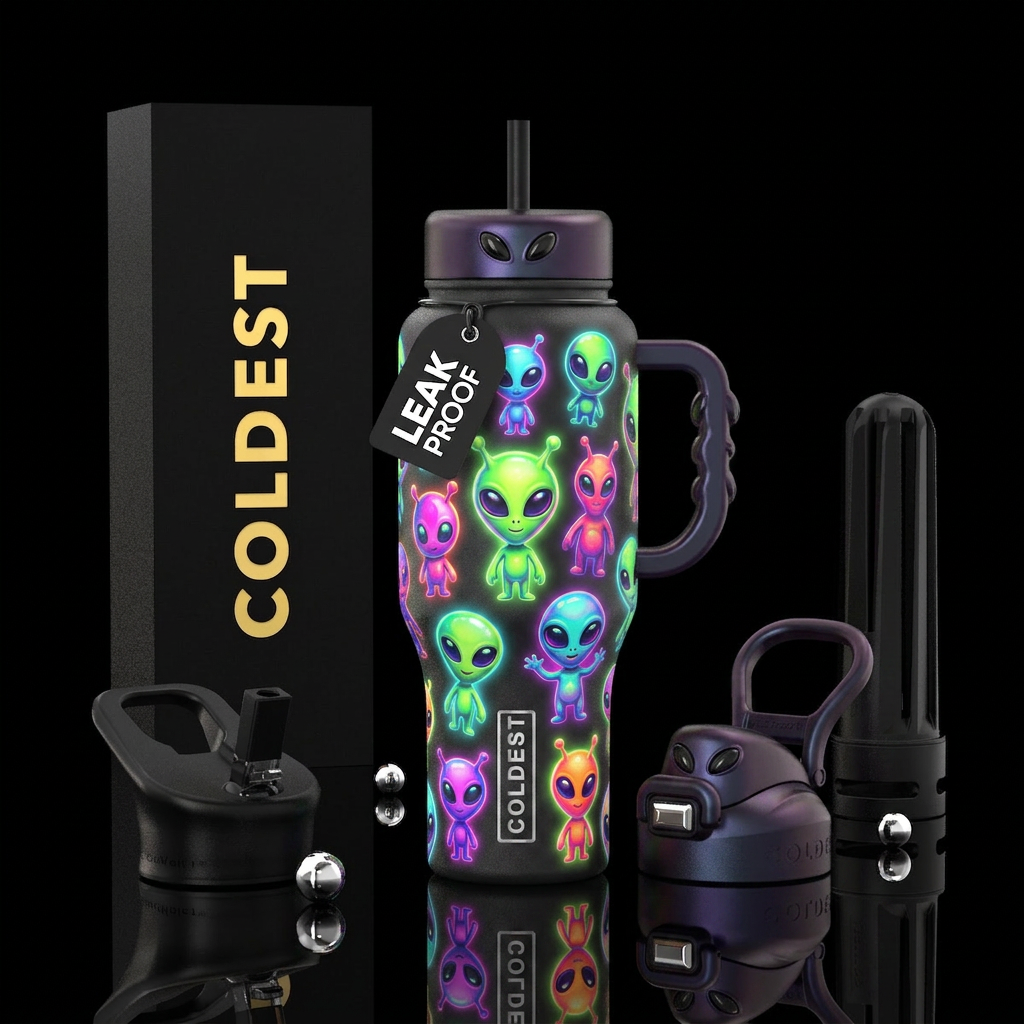 Cute aliens,glossy, trompe-l'œil ,glow in the dark... water bottle design