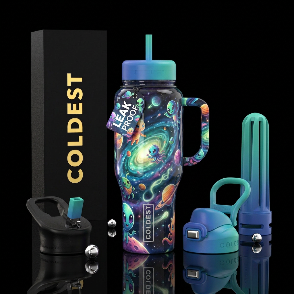 Cute aliens,glossy, trompe-l'œil ,glow in the dark... water bottle design