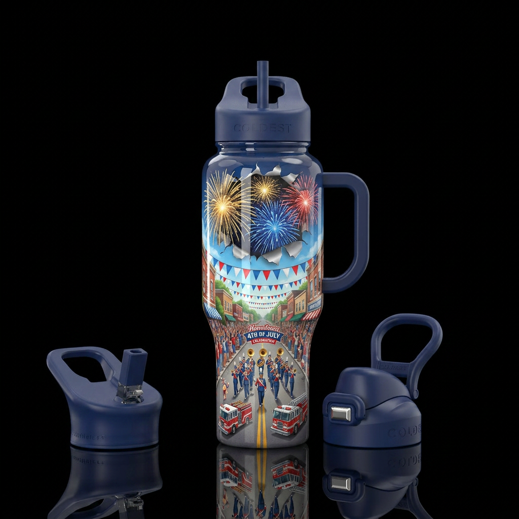 Hometown 4th of July celebration,glossy, trompe-l'... water bottle design