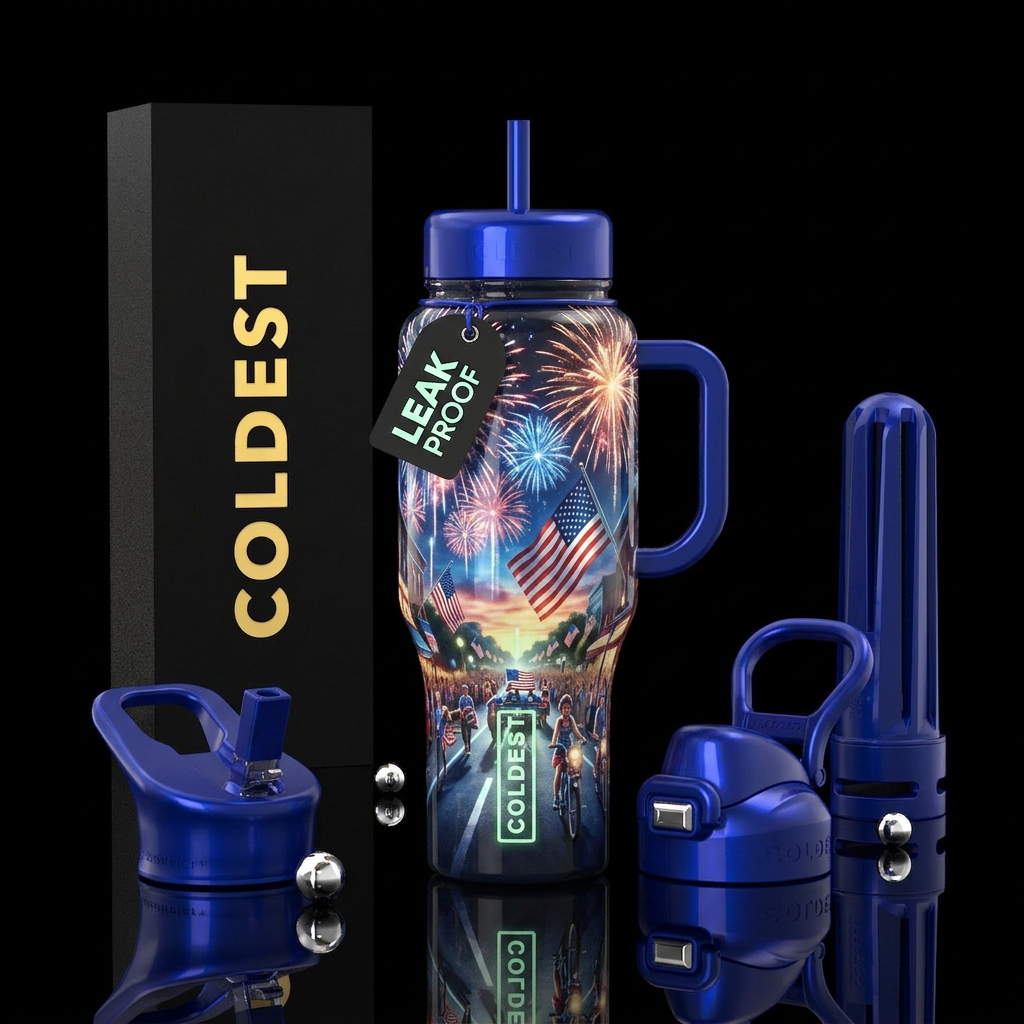 Hometown 4th of July celebration,glossy, trompe-l'... water bottle design