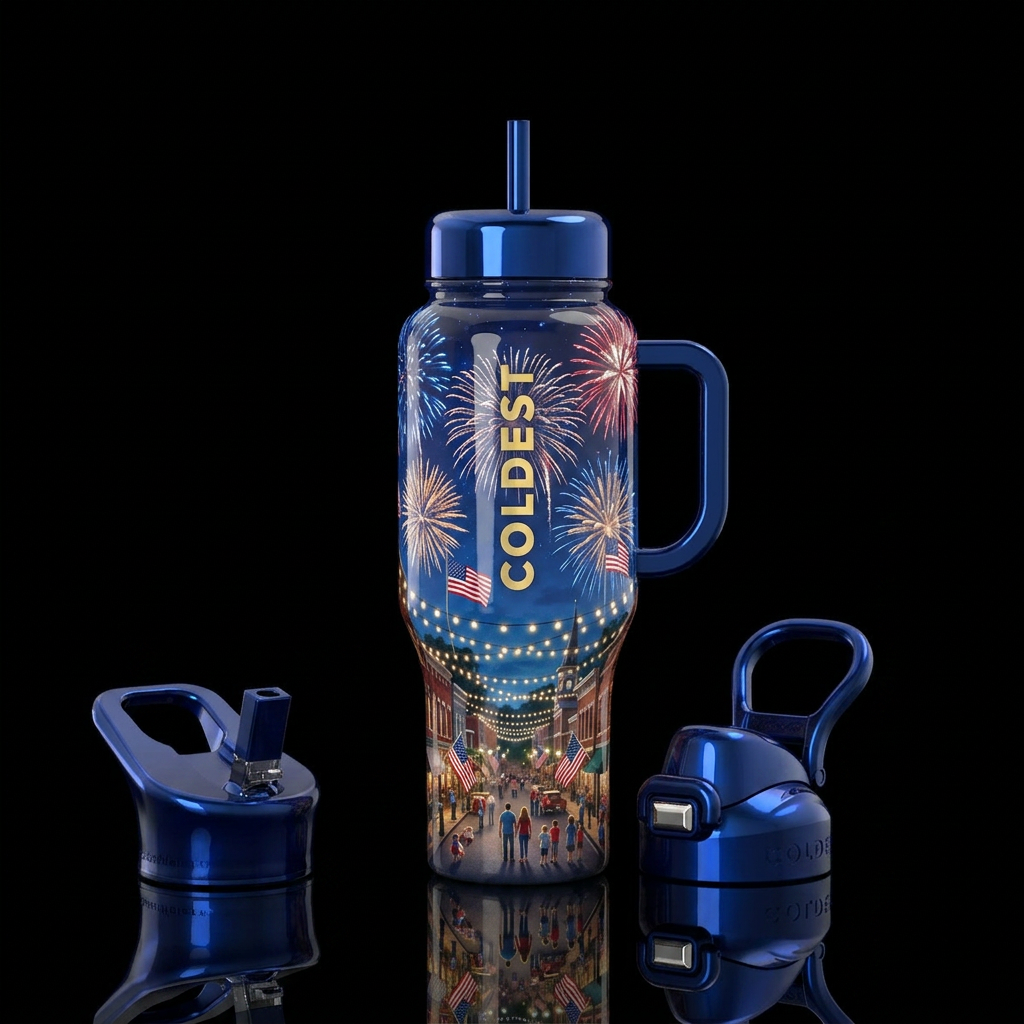 Hometown 4th of July celebration,glossy, trompe-l'... water bottle design