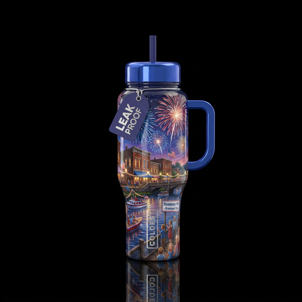 Hometown 4th of July celebration,glossy, trompe-l'... water bottle design