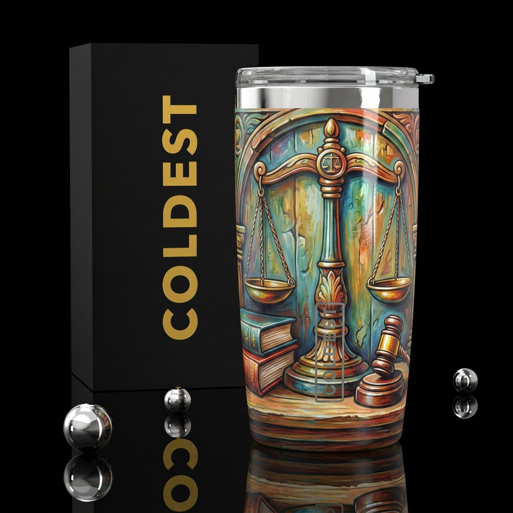 The scales of justice, glossy, trompe-l'œil water bottle design