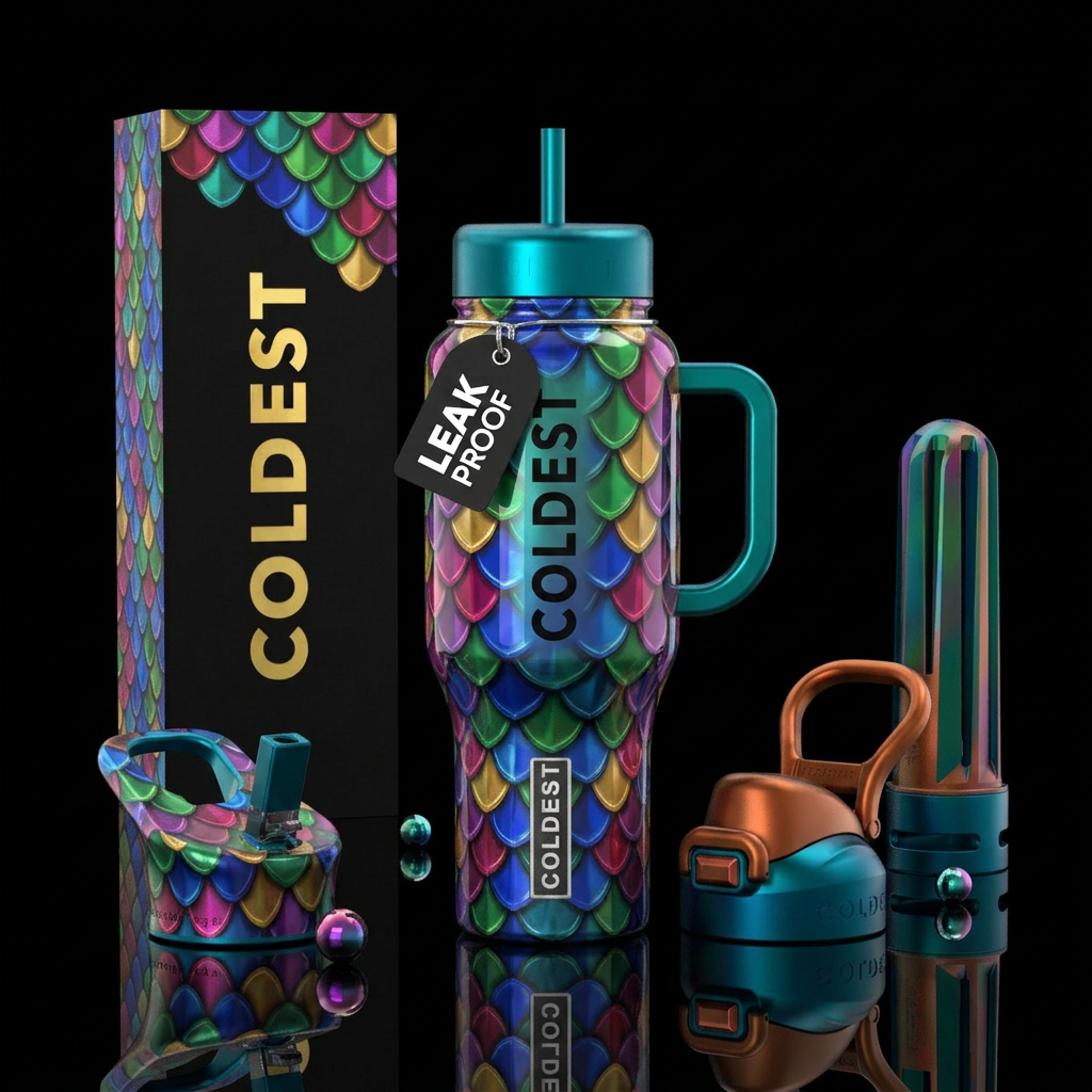 The scales of justice, glossy, trompe-l'œil water bottle design