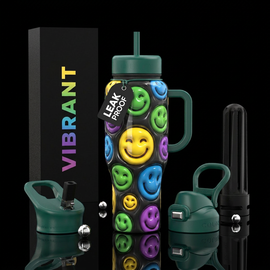 Happy faces,glossy, trompe-l'œil water bottle design