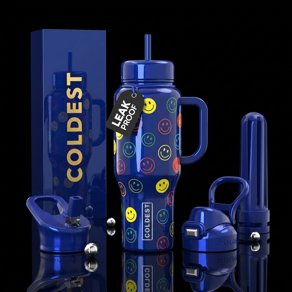 Happy faces,glossy, trompe-l'œil water bottle design