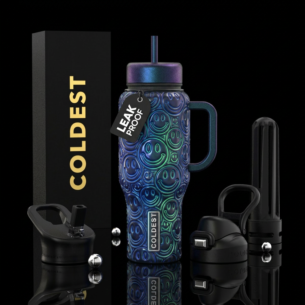 Happy faces,glossy, trompe-l'œil,glow in the dark water bottle design