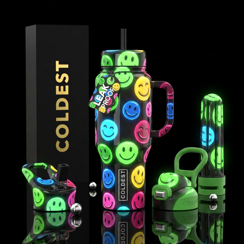 Happy faces,glossy, trompe-l'œil,glow in the dark water bottle design