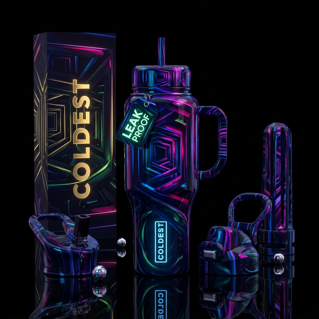 A mystery,glossy, trompe-l'œil,glow in the dark water bottle design