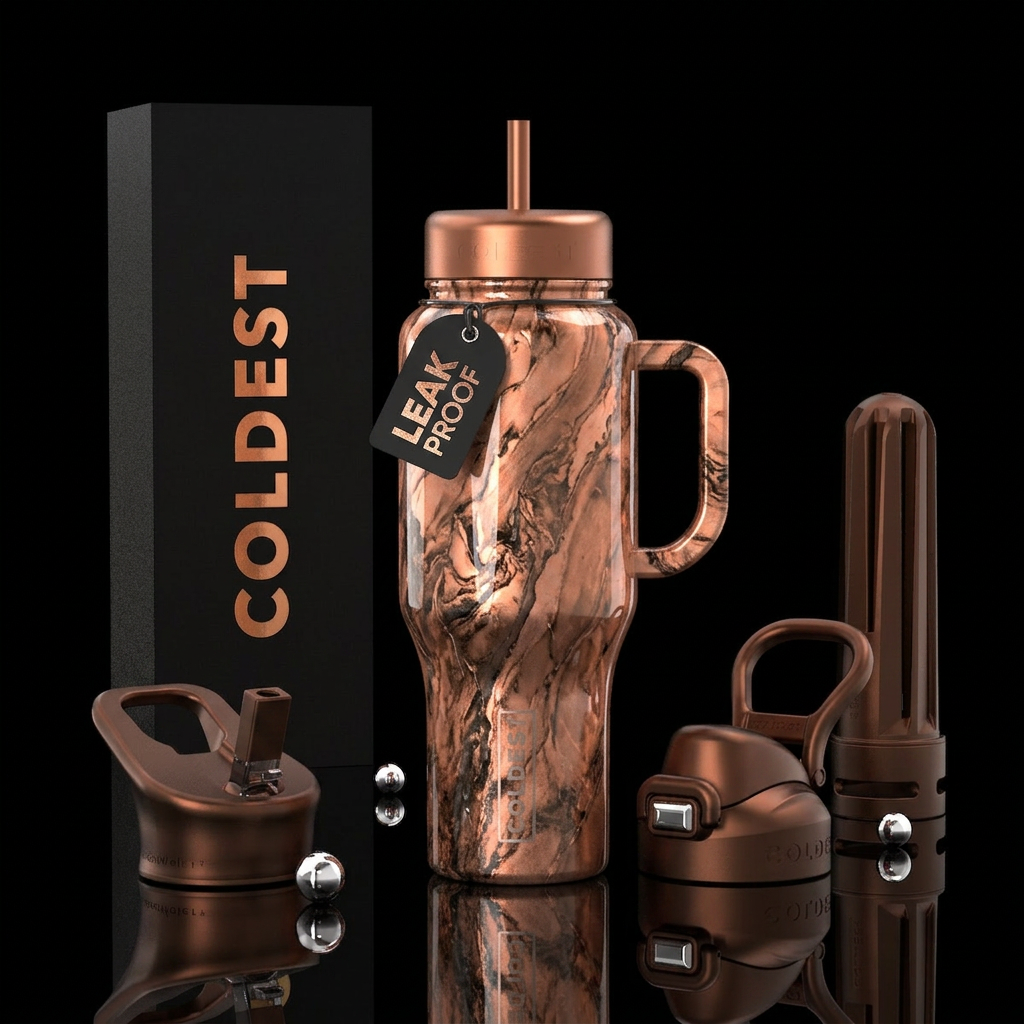 Copper marble,glossy, trompe-l'œil, water bottle design