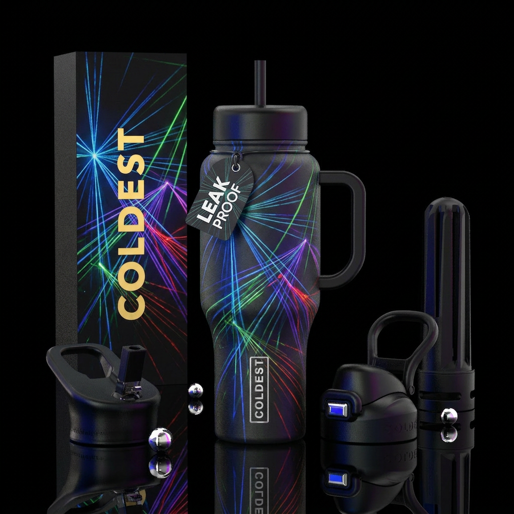Lasers,glossy, trompe-l'œil, water bottle design