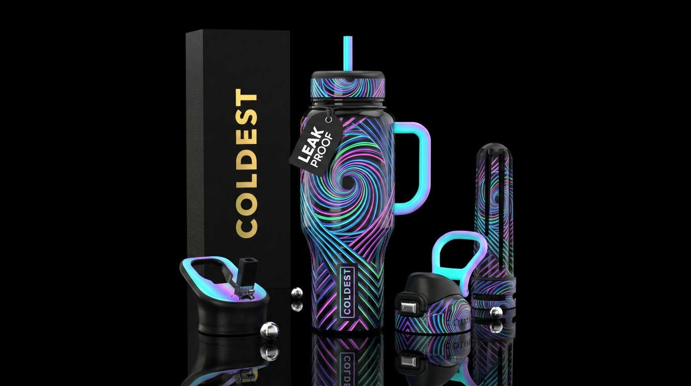 Lasers,glossy, trompe-l'œil,glow in the dark water bottle design