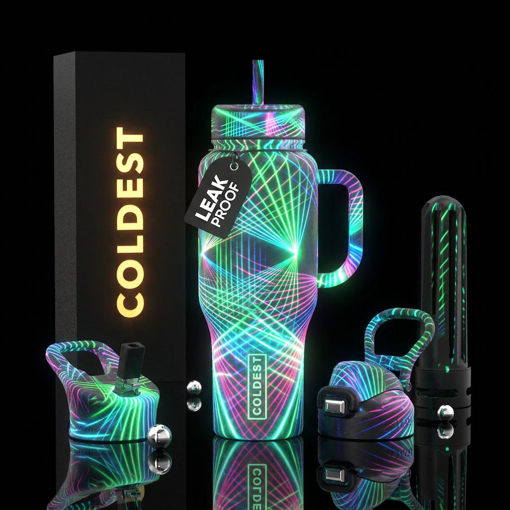 Lasers,glossy, trompe-l'œil,glow in the dark water bottle design